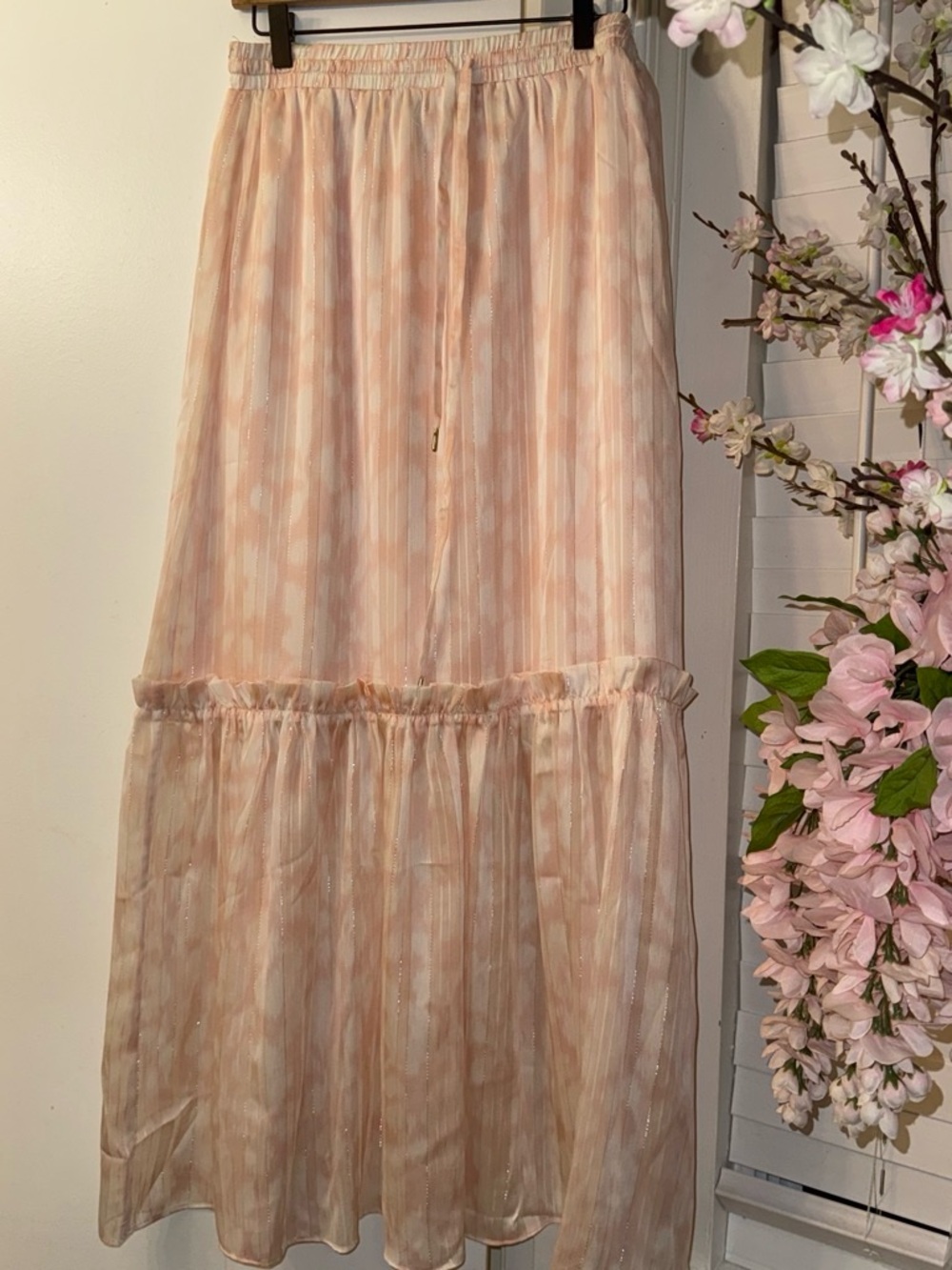 BCBGMaxAzria Soft Blush Tiered Maxi Skirt with Subtle Sheen